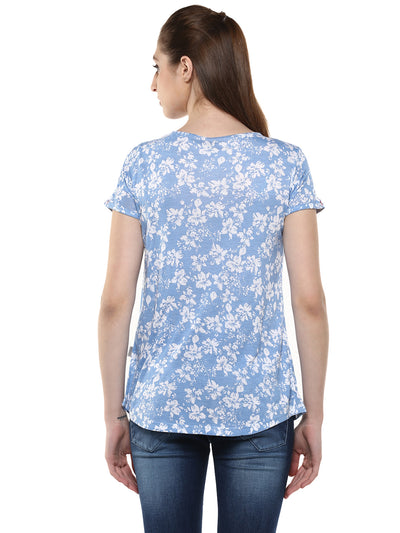 Blue Floral Printed Round Neck T-Shirt-Women T-Shirts-Crimsoune Club
