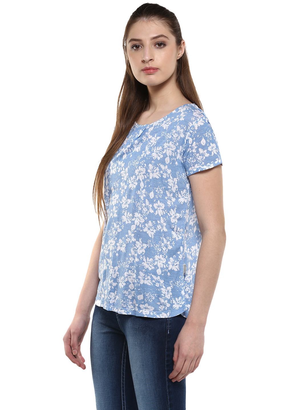 Blue Floral Printed Round Neck T-Shirt-Women T-Shirts-Crimsoune Club