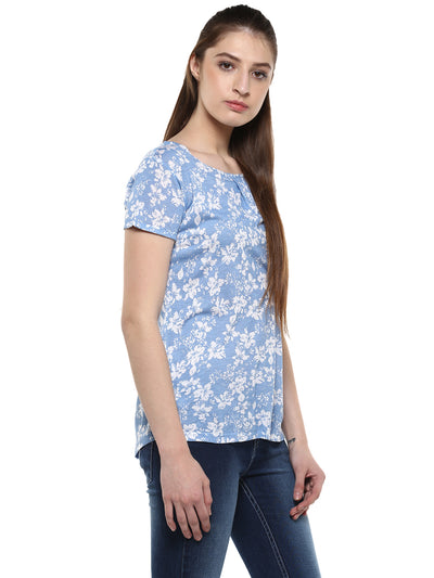 Blue Floral Printed Round Neck T-Shirt-Women T-Shirts-Crimsoune Club