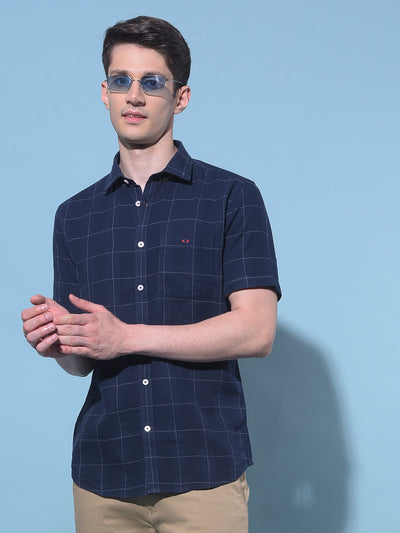 Navy Blue Checked 100% Cotton Shirt-Men Shirts-Crimsoune Club