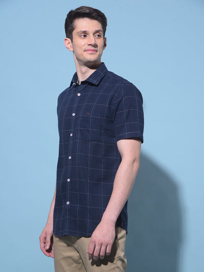 Navy Blue Checked 100% Cotton Shirt-Men Shirts-Crimsoune Club