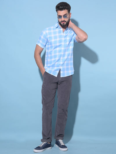 Blue Tartan Check 100% Cotton Shirt-Men T-Shirts-Crimsoune Club