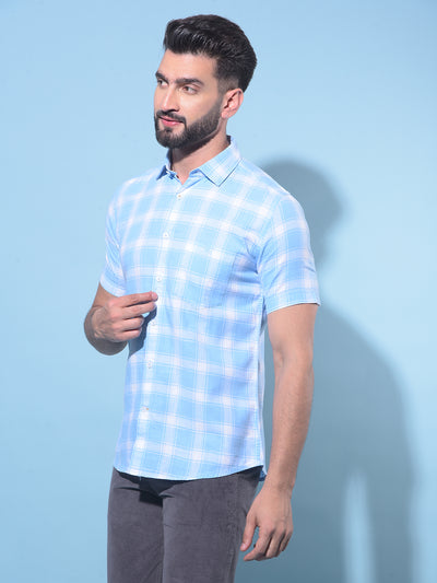 Blue Tartan Check 100% Cotton Shirt-Men T-Shirts-Crimsoune Club