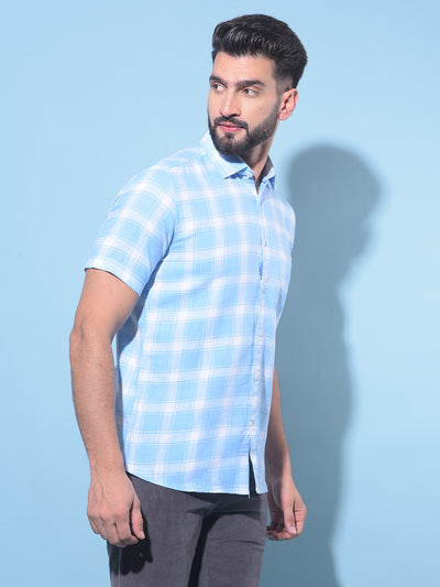 Blue Tartan Check 100% Cotton Shirt-Men T-Shirts-Crimsoune Club