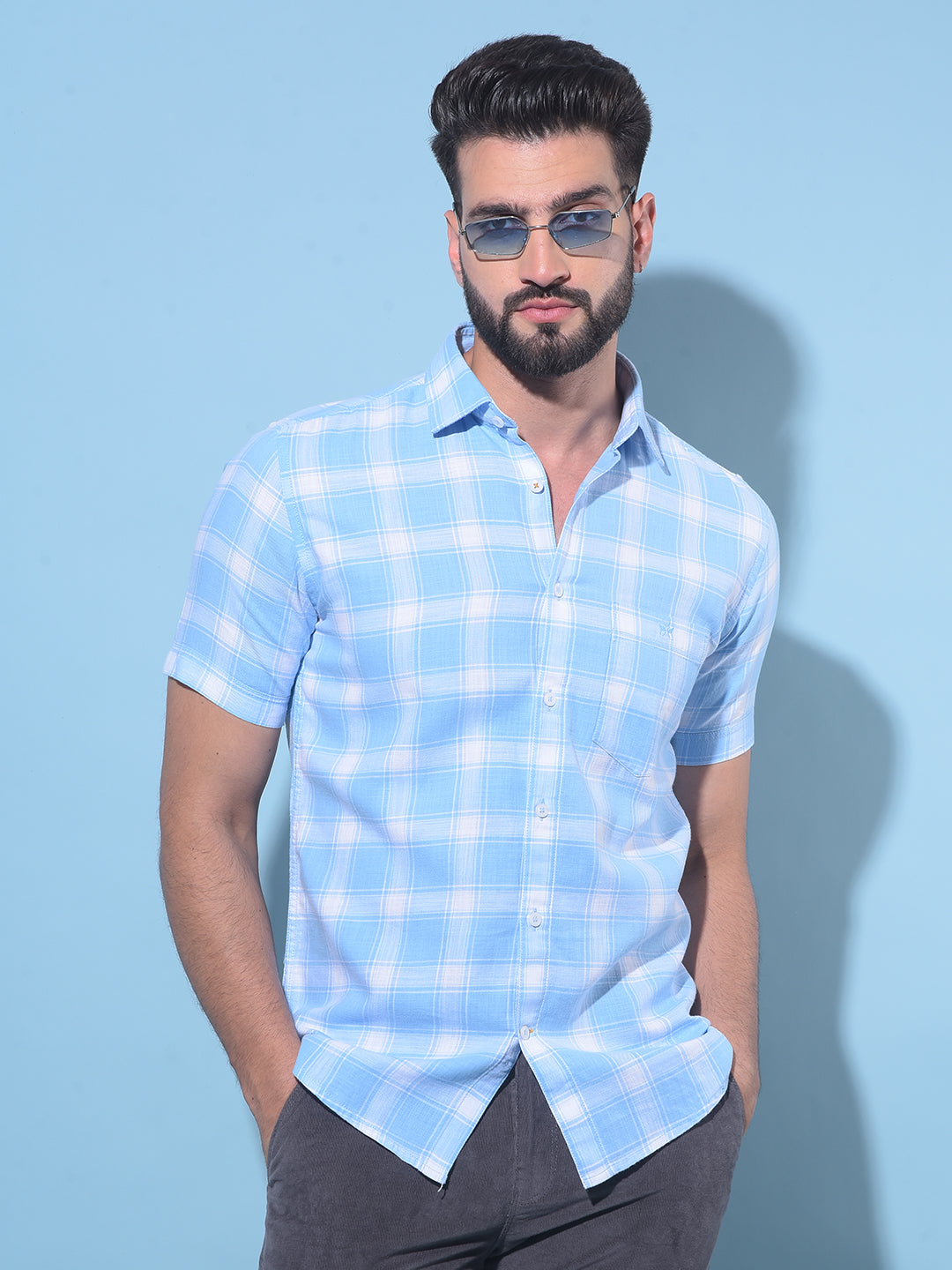 Blue Tartan Check 100% Cotton Shirt-Men T-Shirts-Crimsoune Club