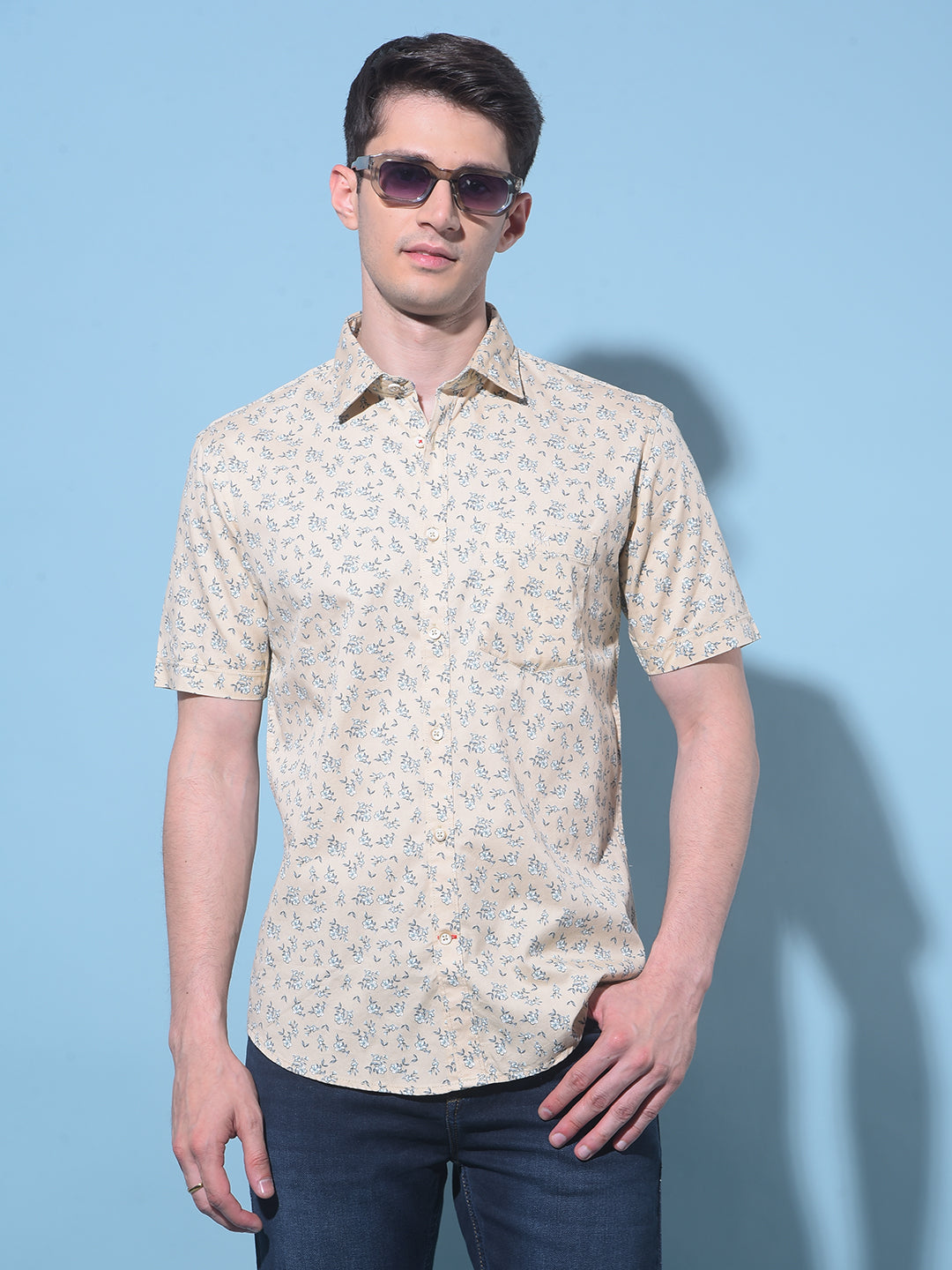 Cream Floral Printed 100% Cotton Shirt-Men Shirts-Crimsoune Club