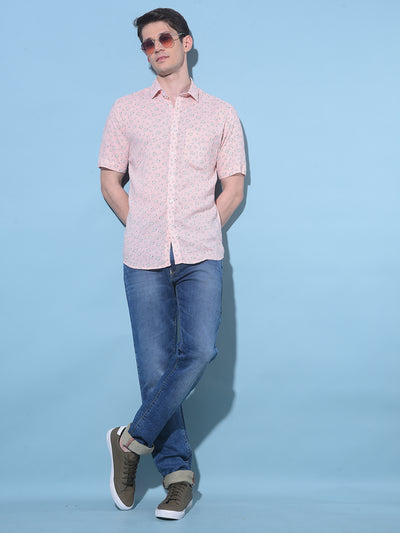 Peach Floral Printed 100% Cotton Shirt-Men Shirts-Crimsoune Club