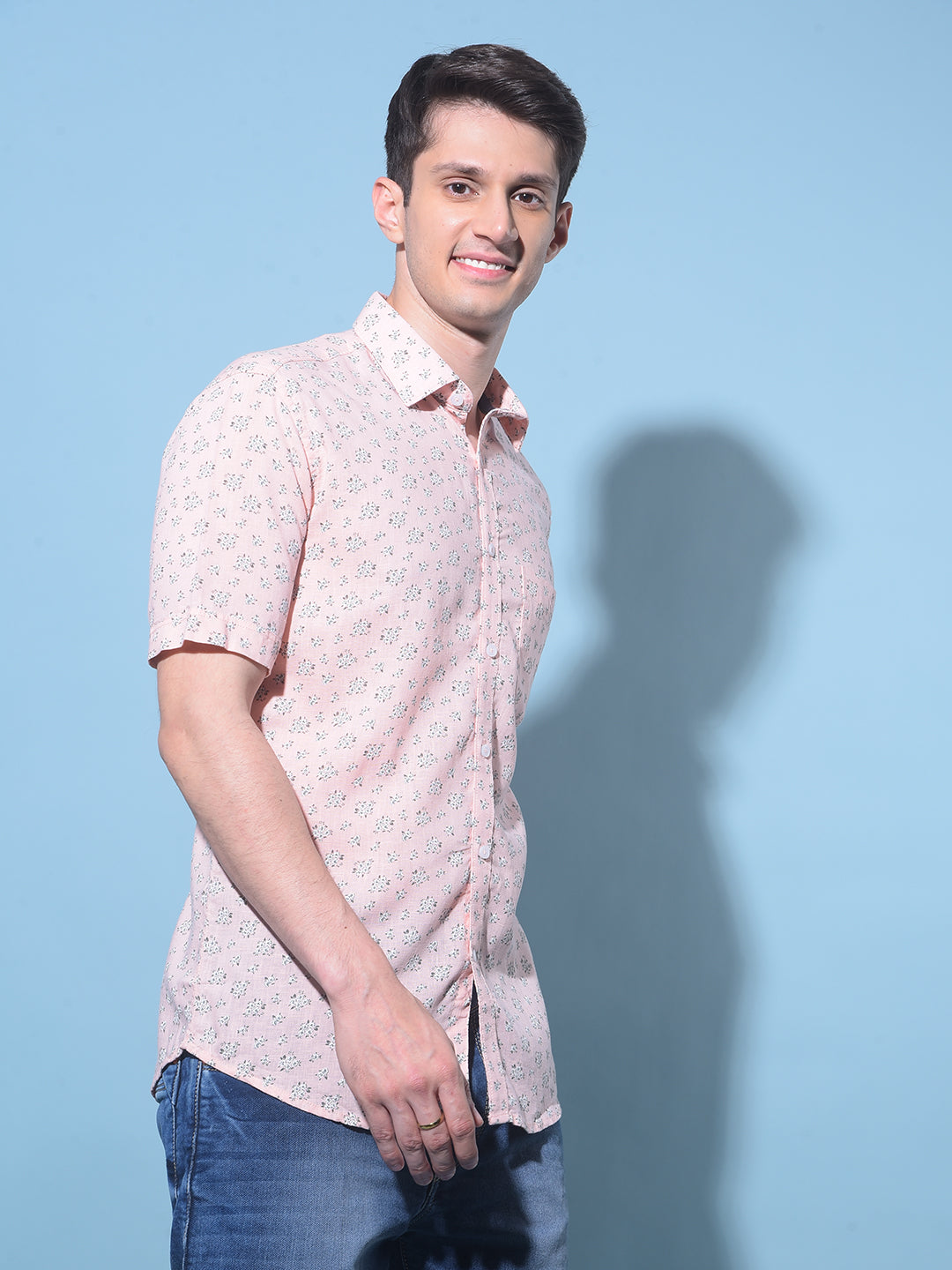 Peach Floral Printed 100% Cotton Shirt-Men Shirts-Crimsoune Club