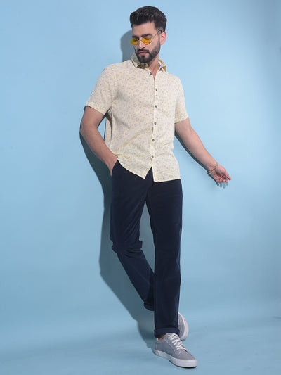 Beige Floral Printed 100% Cotton Shirt-Men Shirts-Crimsoune Club