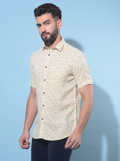 Beige Floral Printed 100% Cotton Shirt-Men Shirts-Crimsoune Club