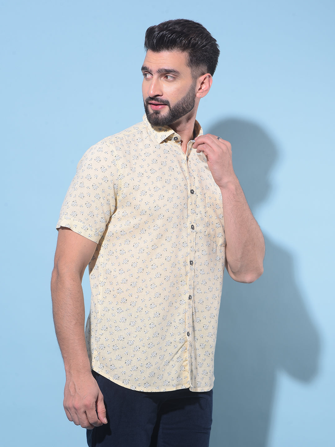 Beige Floral Printed 100% Cotton Shirt-Men Shirts-Crimsoune Club