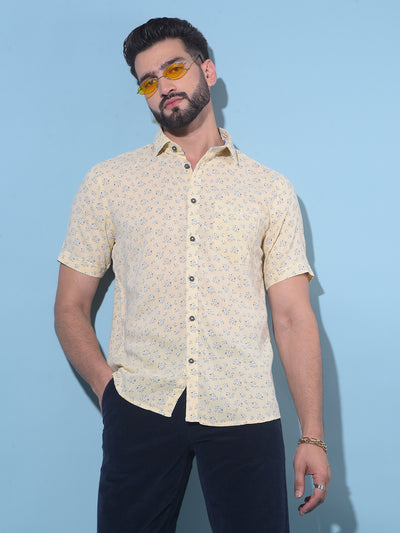 Beige Floral Printed 100% Cotton Shirt-Men Shirts-Crimsoune Club