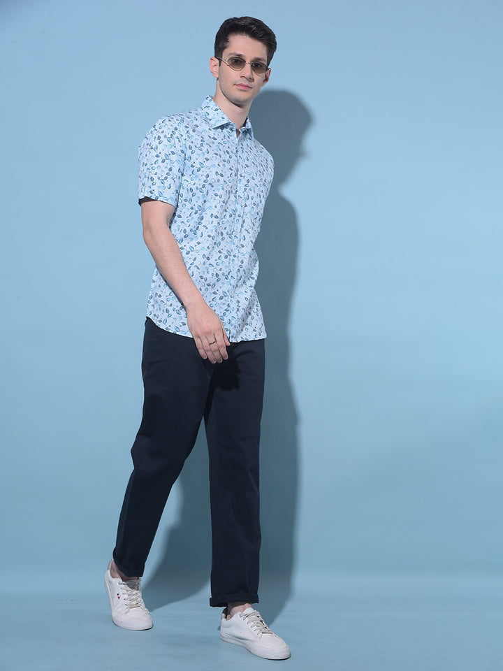 Blue Floral Printed 100% Cotton Shirt-Men Shirts-Crimsoune Club