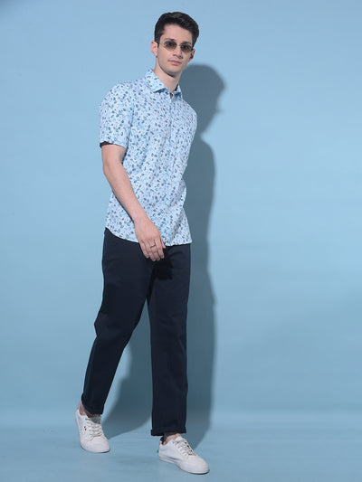 Blue Floral Printed 100% Cotton Shirt-Men Shirts-Crimsoune Club