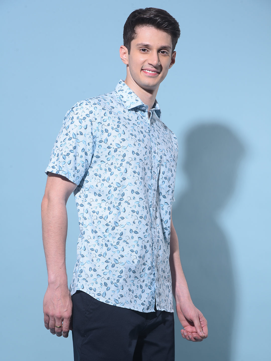 Blue Floral Printed 100% Cotton Shirt-Men Shirts-Crimsoune Club