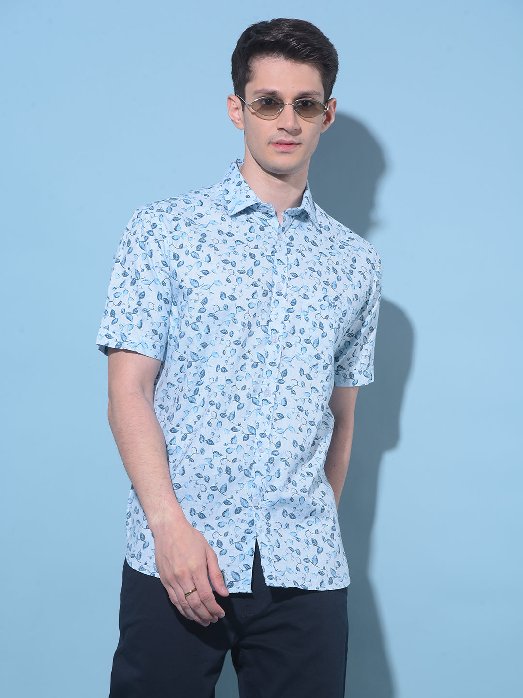 Blue Floral Printed 100% Cotton Shirt-Men Shirts-Crimsoune Club