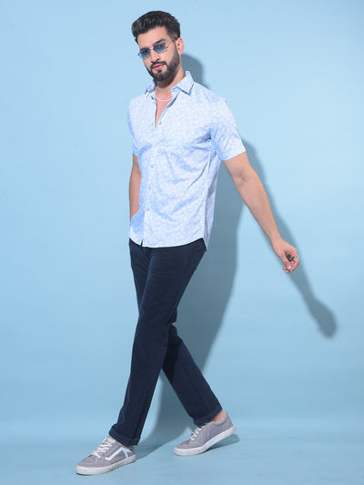 Blue Floral Printed 100% Cotton Shirt-Men Shirts-Crimsoune Club