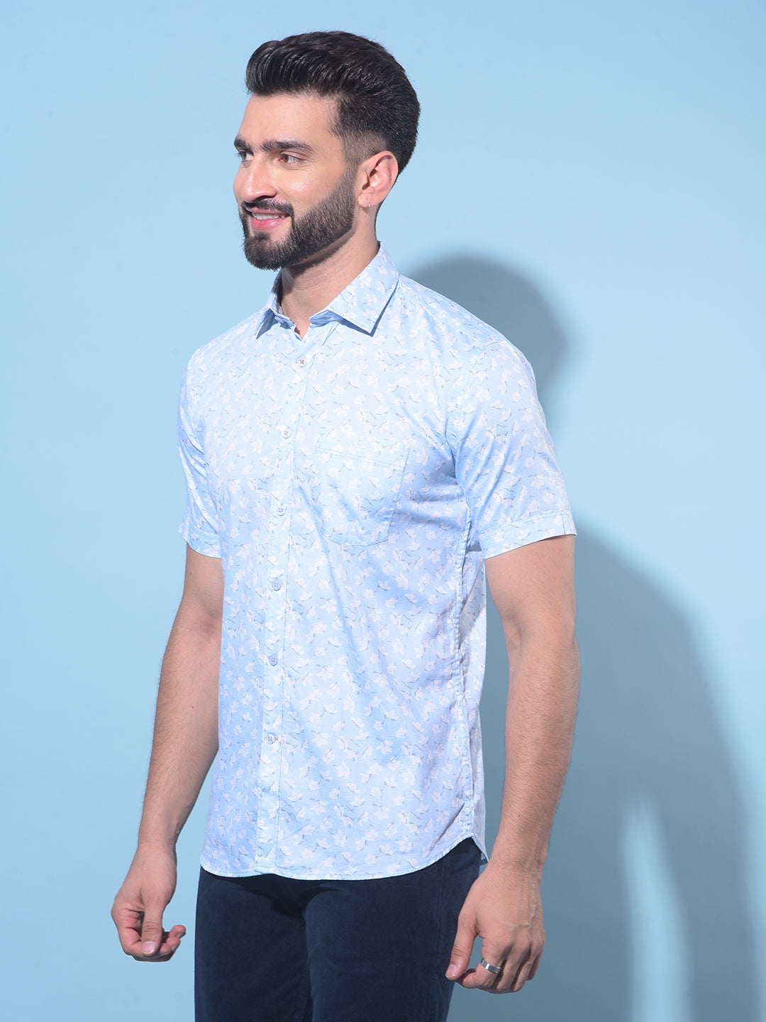 Blue Floral Printed 100% Cotton Shirt-Men Shirts-Crimsoune Club