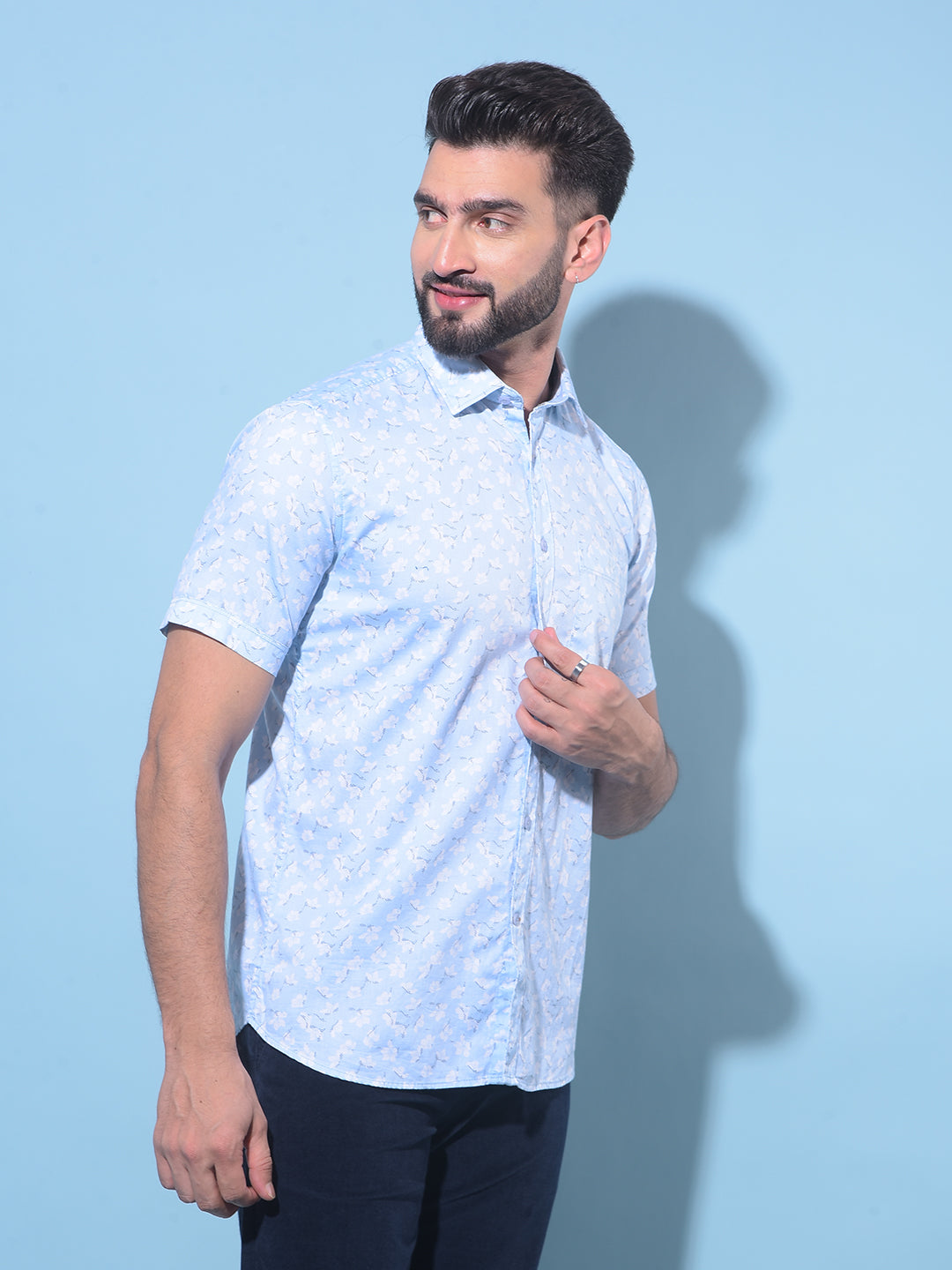 Blue Floral Printed 100% Cotton Shirt-Men Shirts-Crimsoune Club