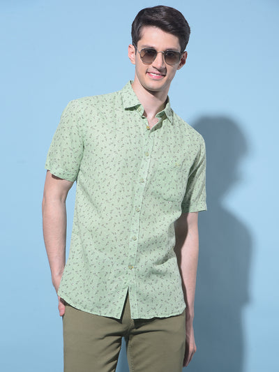 Green Floral Printed Linen Shirt-Men Shirts-Crimsoune Club