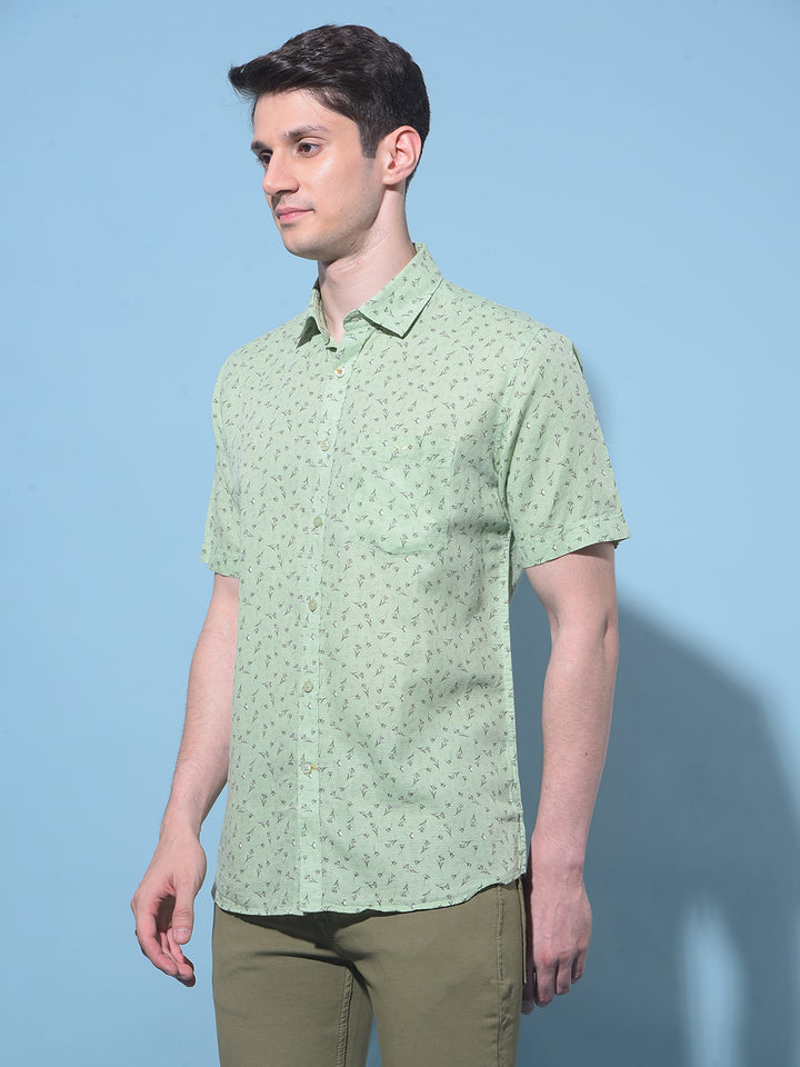 Green Floral Printed Linen Shirt-Men Shirts-Crimsoune Club