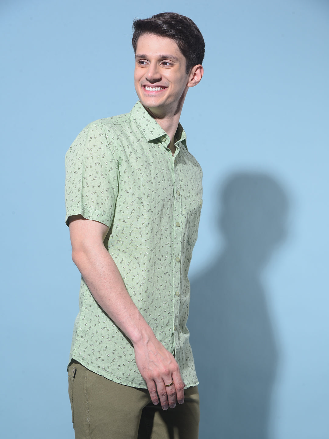 Green Floral Printed Linen Shirt-Men Shirts-Crimsoune Club
