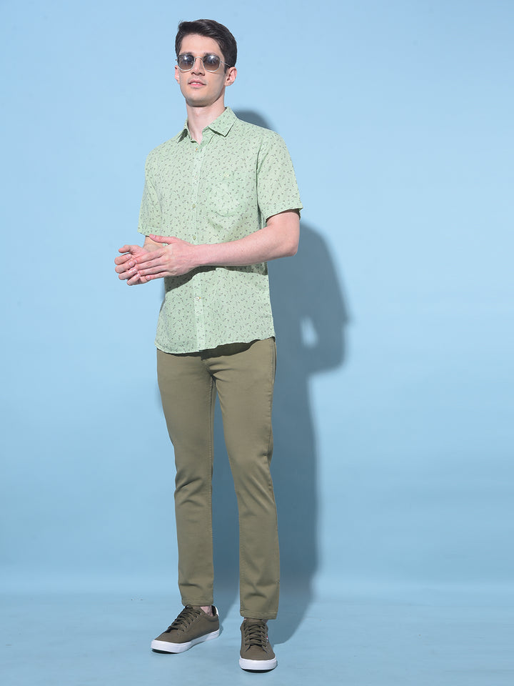 Green Floral Printed Linen Shirt-Men Shirts-Crimsoune Club