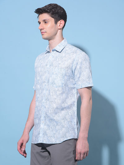 Blue Floral Printed Linen Shirt-Men Shirts-Crimsoune Club