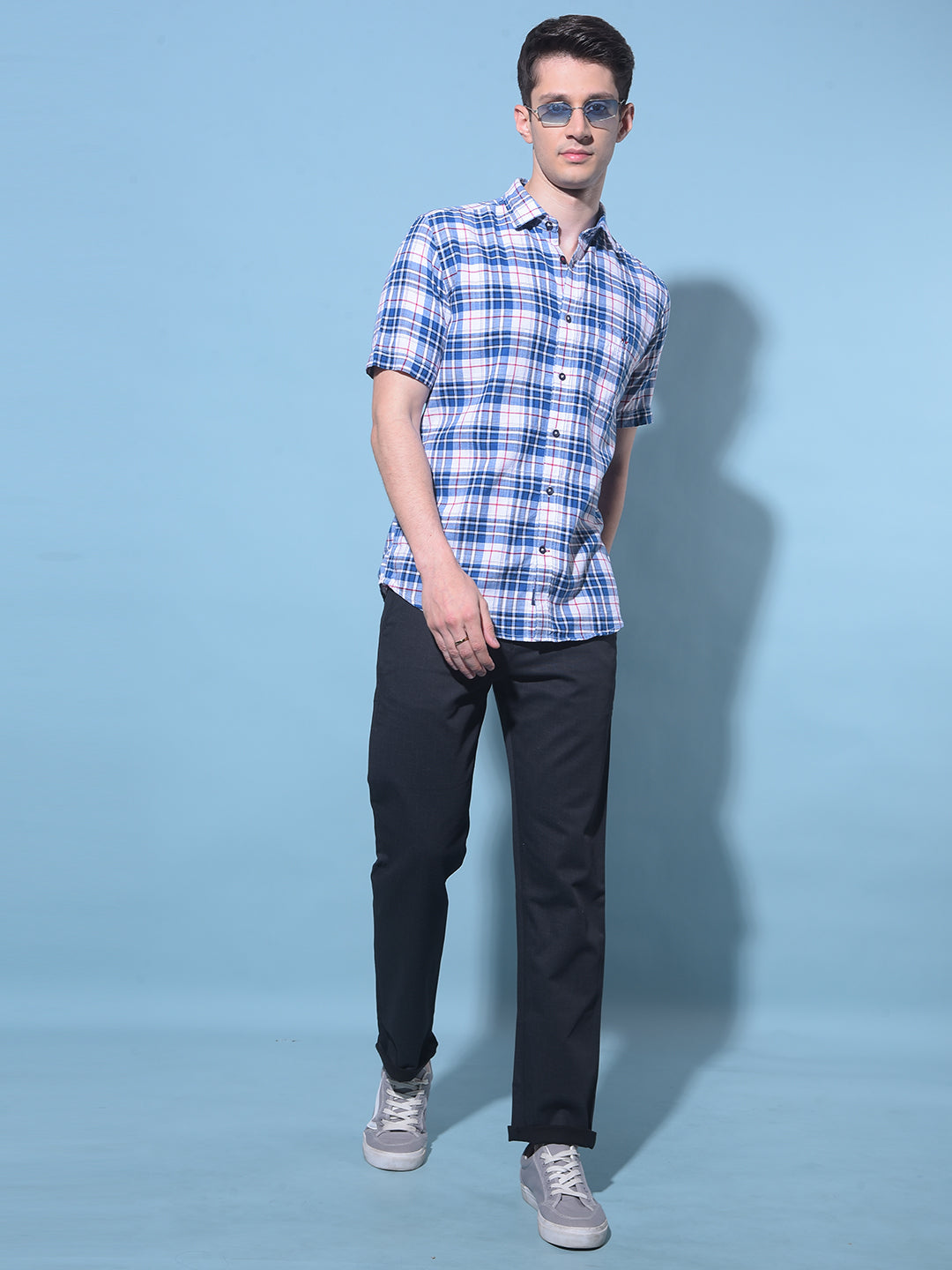 Blue Tartan Check 100% Cotton Shirt-Men Shirts-Crimsoune Club