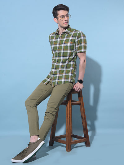 Olive Tartan Check 100% Cotton Shirt-Men Shirts-Crimsoune Club