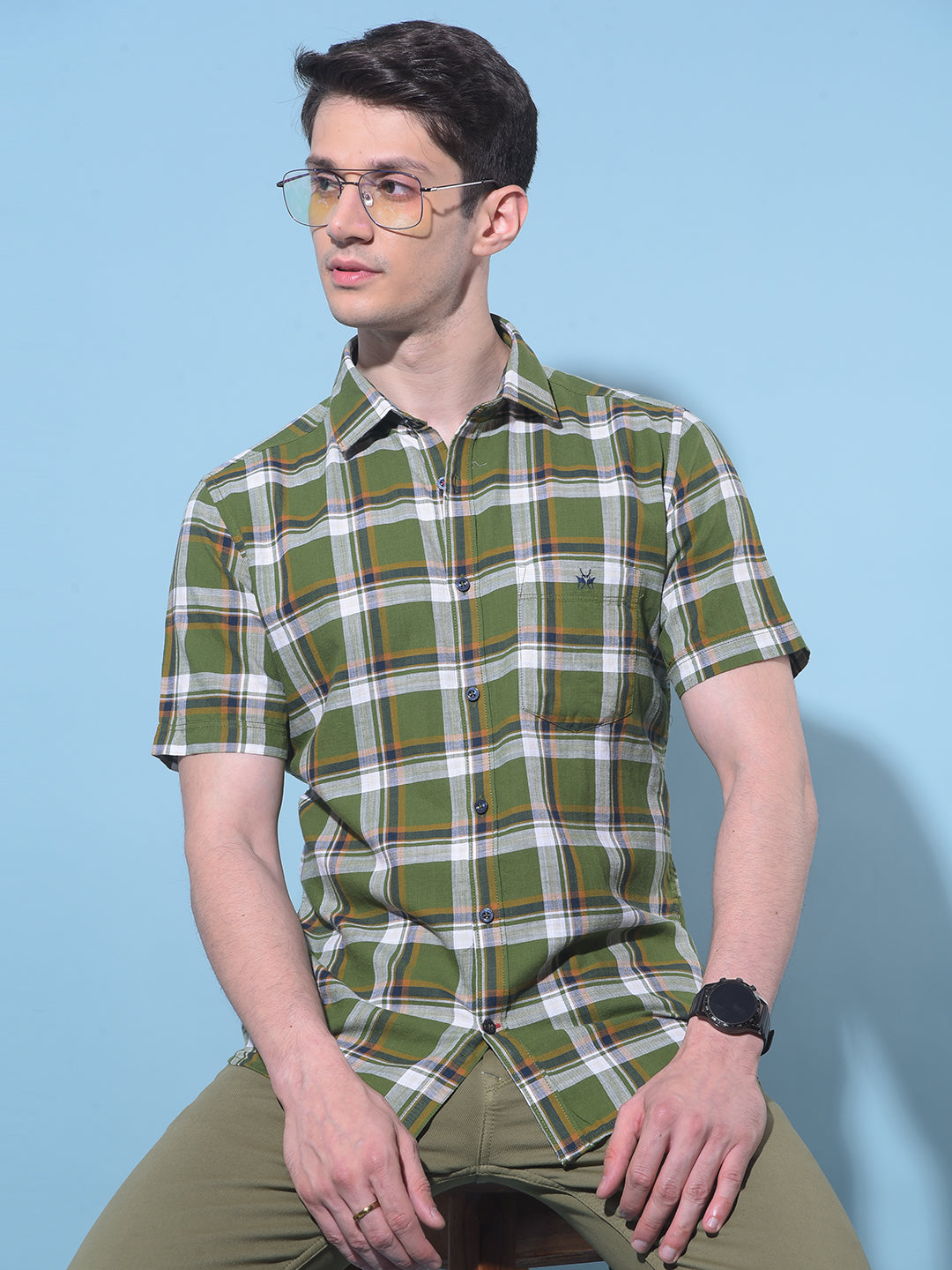 Olive Tartan Check 100% Cotton Shirt-Men Shirts-Crimsoune Club