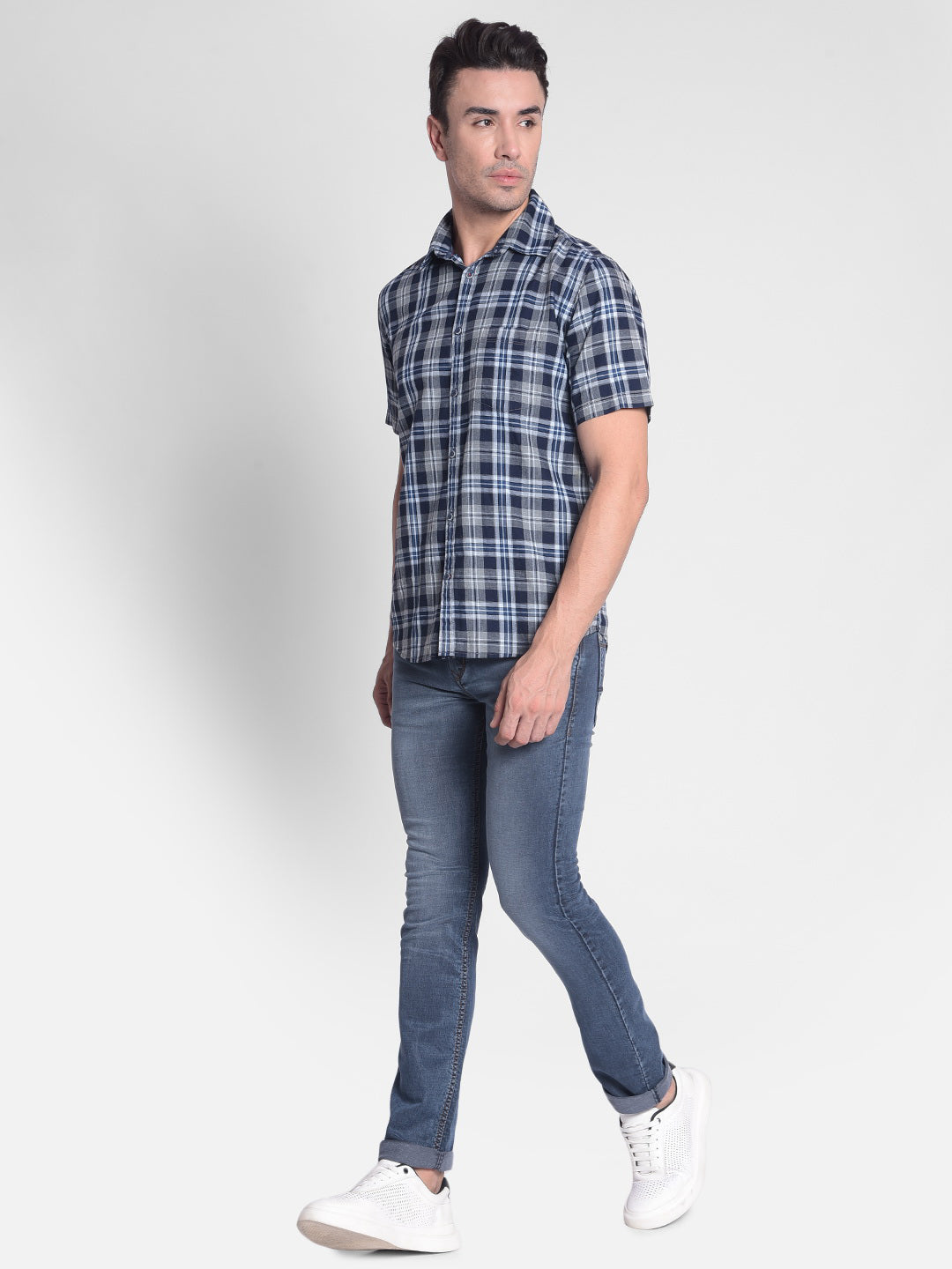 Navy Blue Checked Shirt-Men shirts-Crimsoune Club