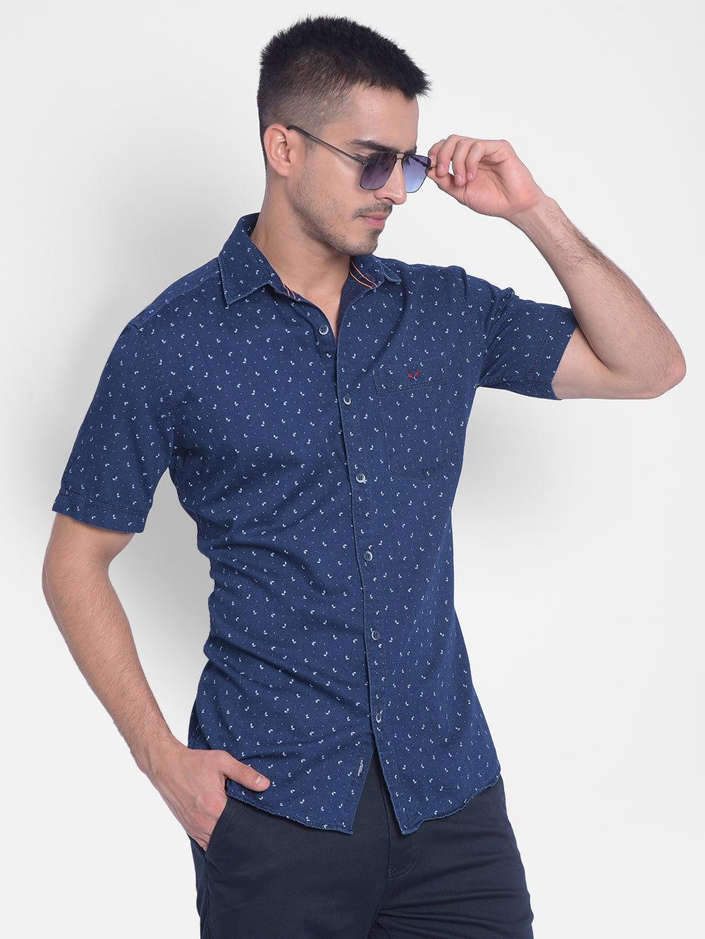 Navy Blue Printed Shirt-Men Jeans-Crimsoune Club