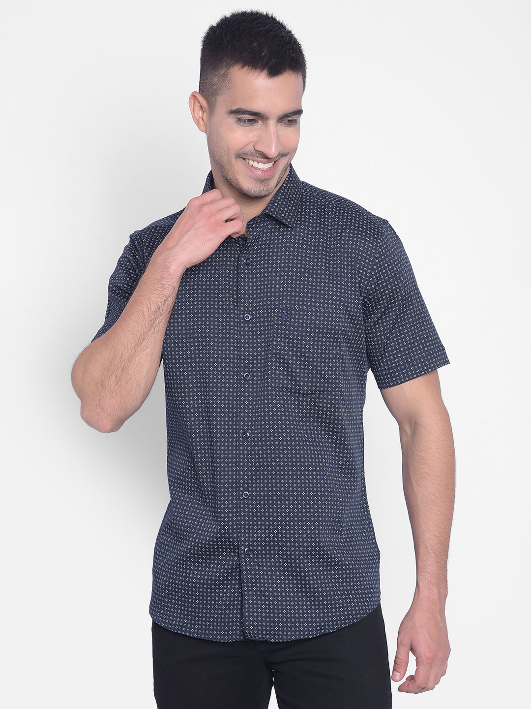 Navy Blue Printed Shirt-Men Jeans-Crimsoune Club