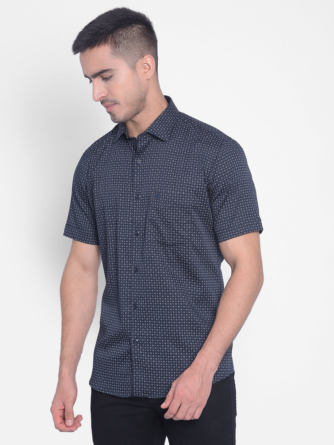 Navy Blue Printed Shirt-Men Jeans-Crimsoune Club