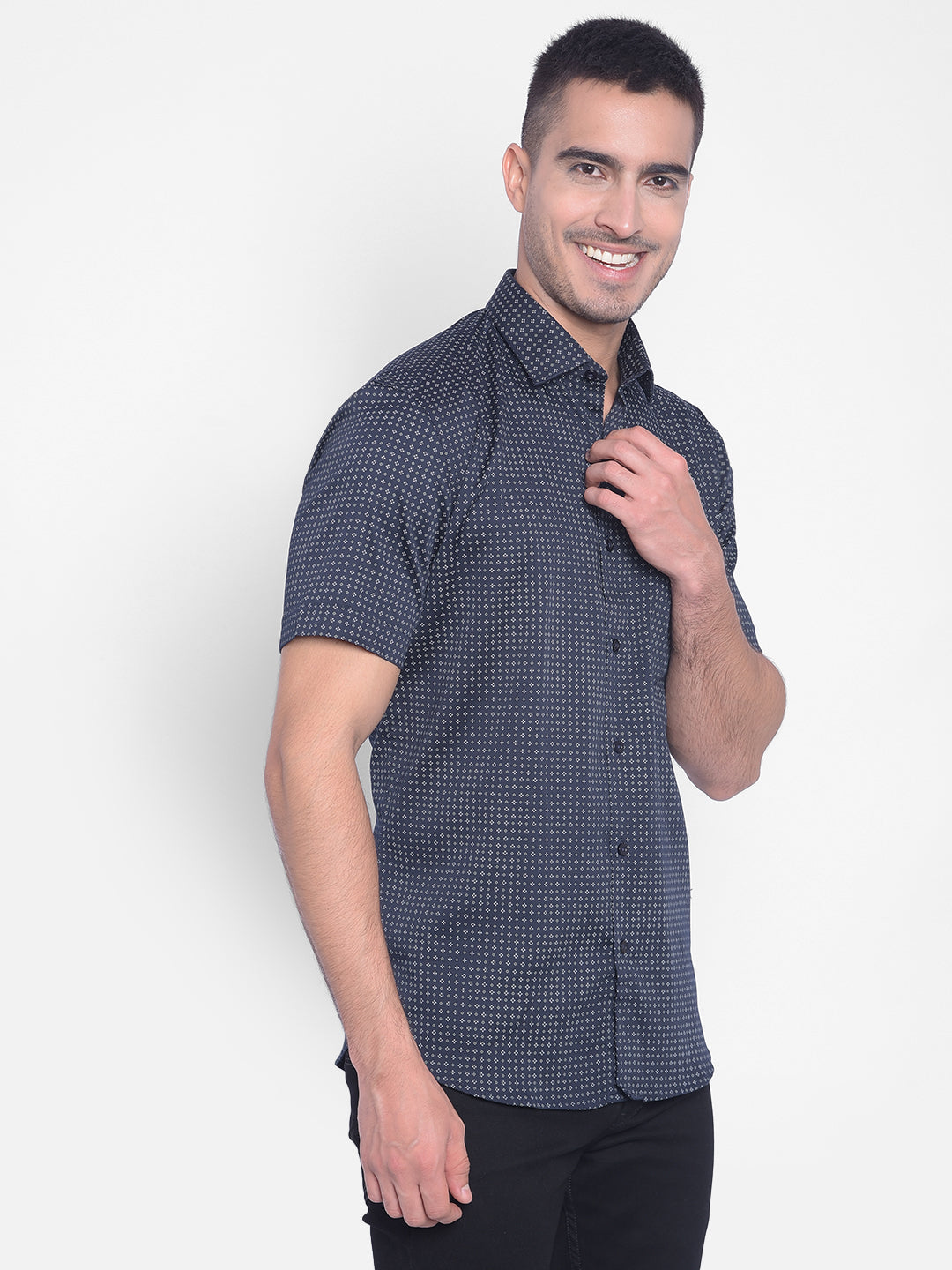 Navy Blue Printed Shirt-Men Jeans-Crimsoune Club