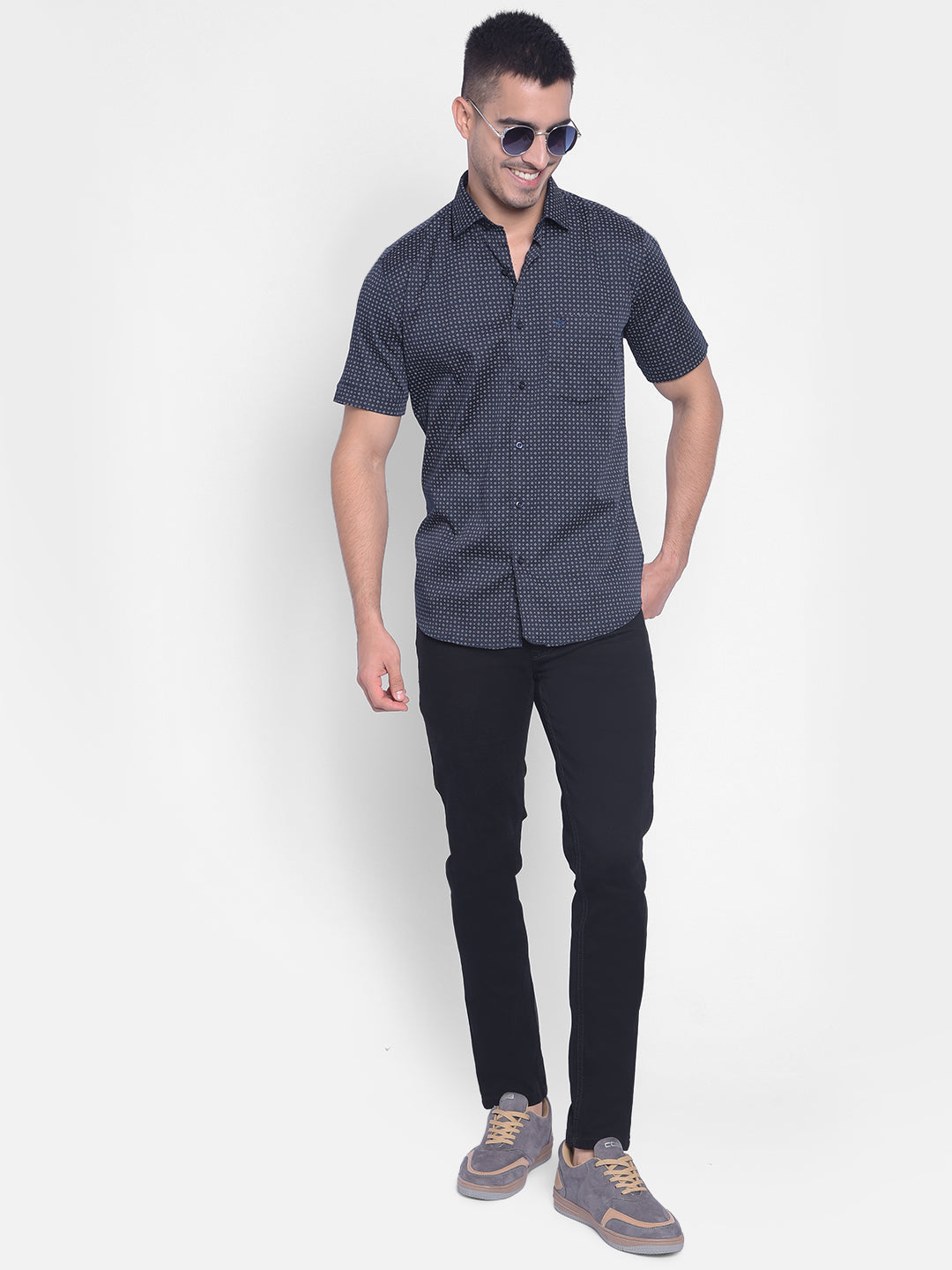 Navy Blue Printed Shirt-Men Jeans-Crimsoune Club