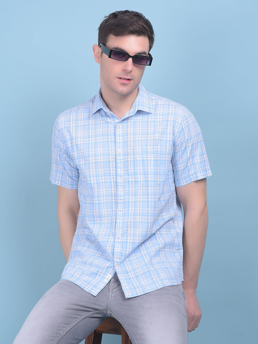 Light Blue Checks Shirt-Men Shirts-Crimsoune Club