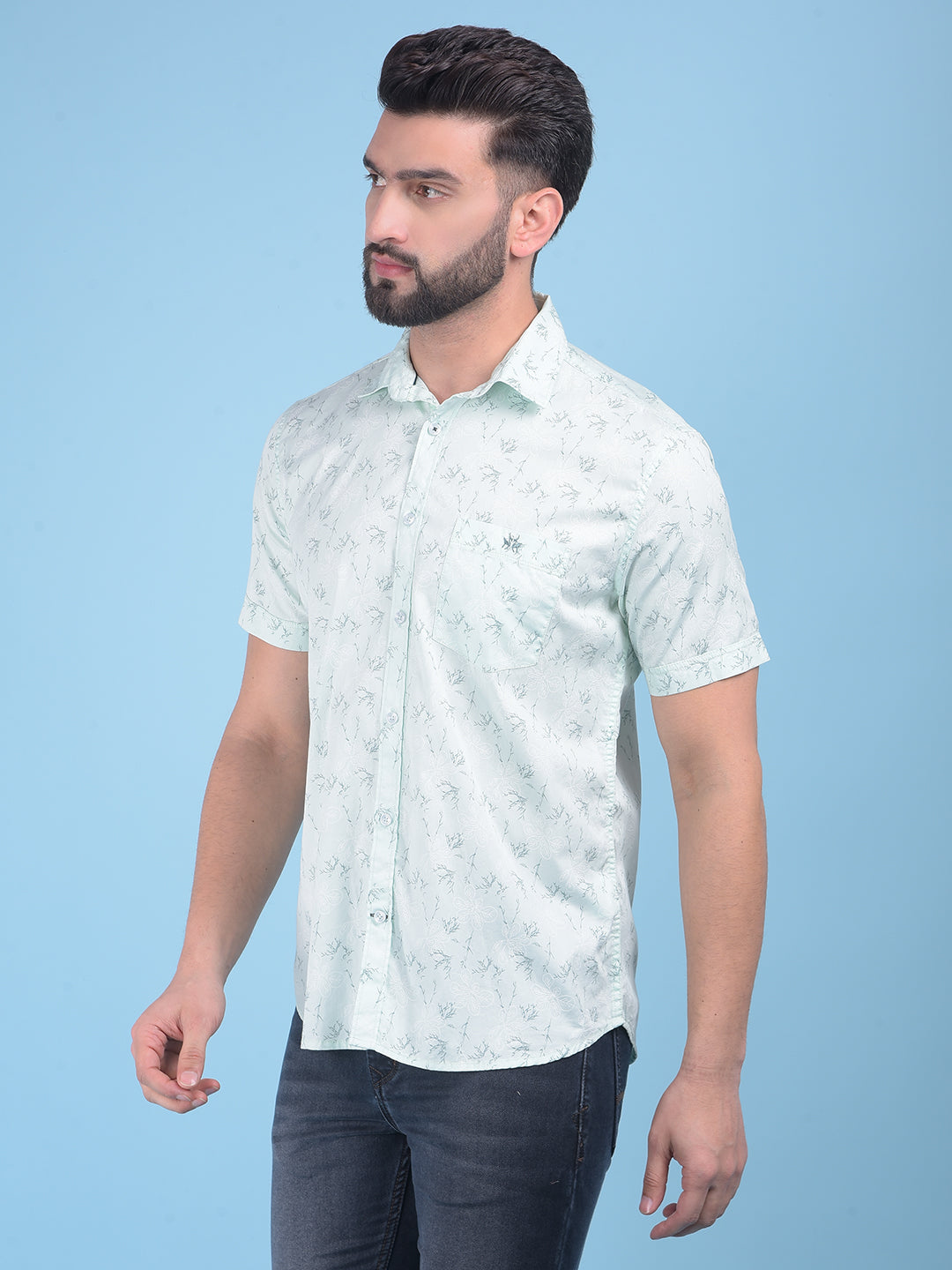 Green Floral Print 100% Cotton Shirt-Men Shirts-Crimsoune Club