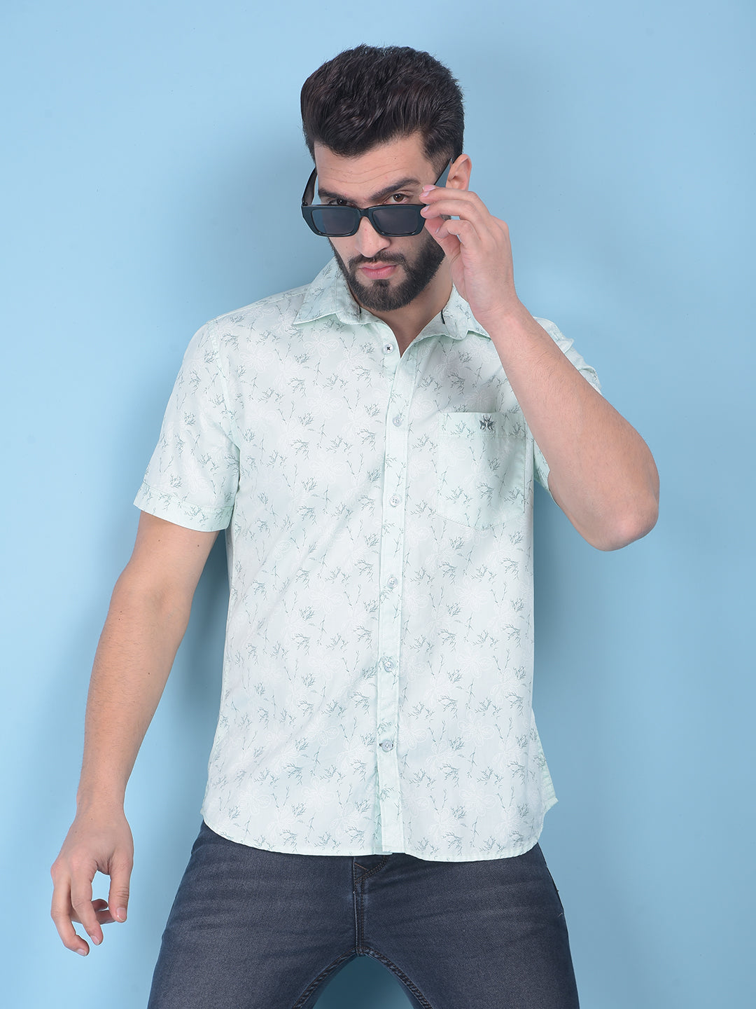 Green Floral Print 100% Cotton Shirt-Men Shirts-Crimsoune Club