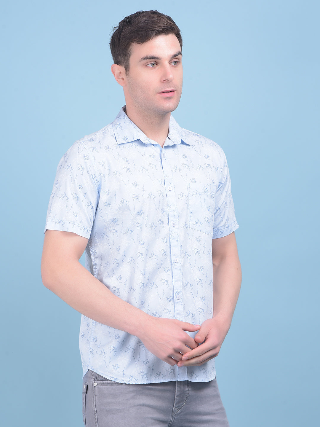 Blue Floral Print 100% Cotton Shirt-Men Shirts-Crimsoune Club