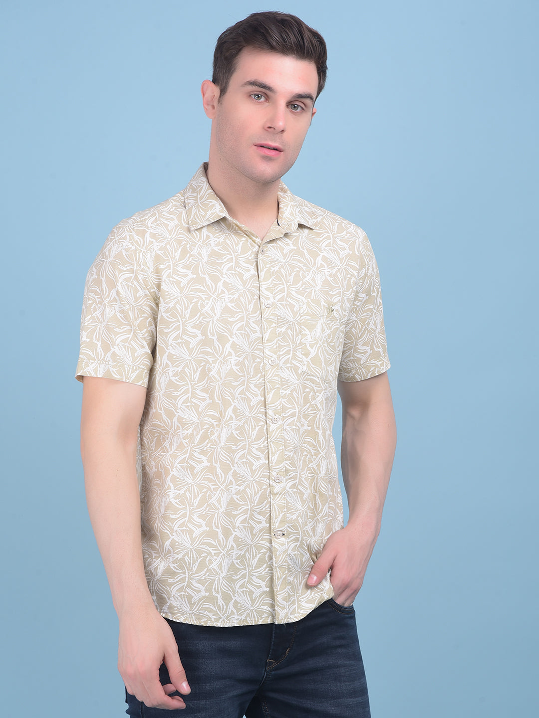 Beige Floral Print 100% Cotton Shirt-Men Shirts-Crimsoune Club