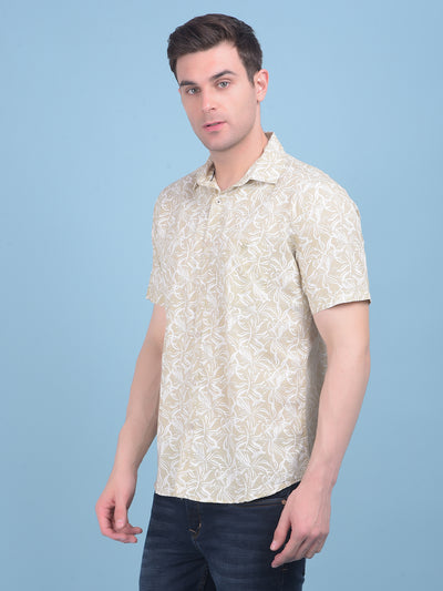 Beige Floral Print 100% Cotton Shirt-Men Shirts-Crimsoune Club