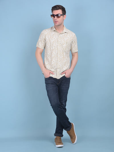 Beige Floral Print 100% Cotton Shirt-Men Shirts-Crimsoune Club