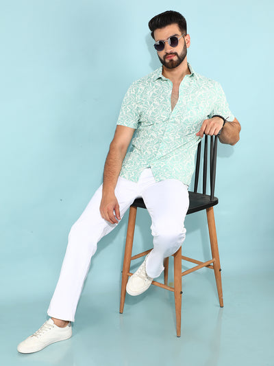 Green 100% Cotton Floral Print Shirt-Men Shirts-Crimsoune Club