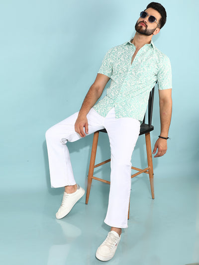 Green 100% Cotton Floral Print Shirt-Men Shirts-Crimsoune Club