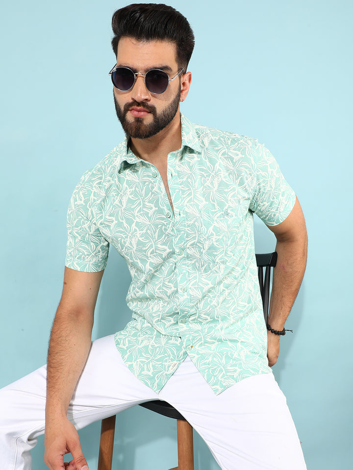 Green 100% Cotton Floral Print Shirt-Men Shirts-Crimsoune Club