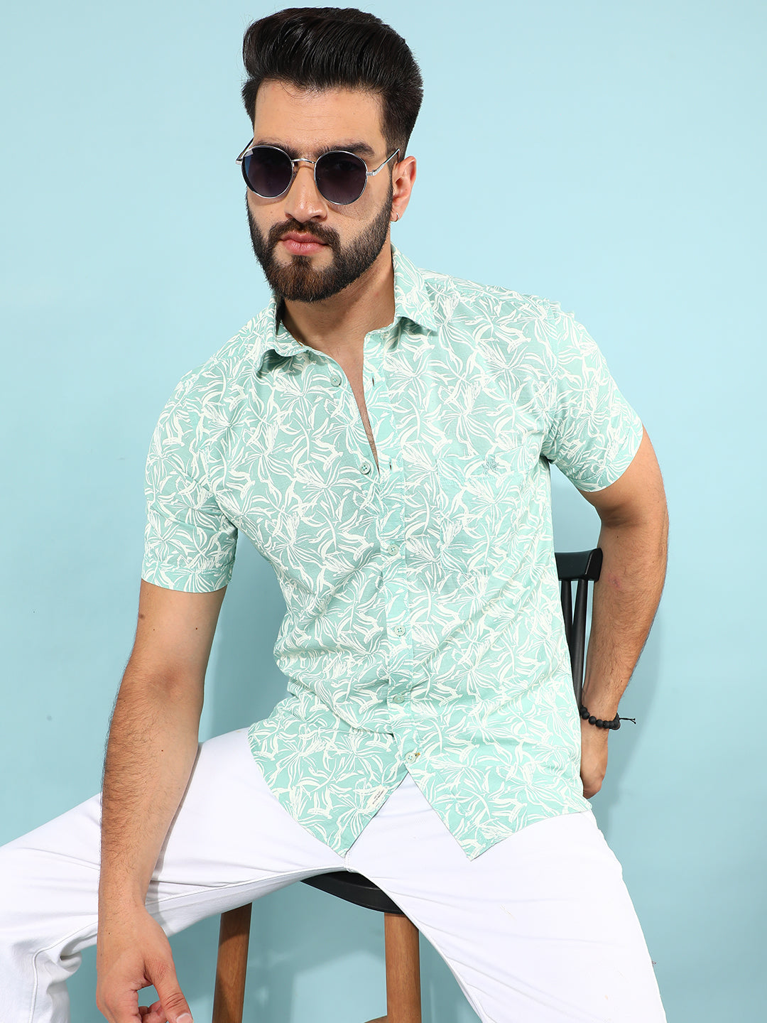 Green 100% Cotton Floral Print Shirt-Men Shirts-Crimsoune Club
