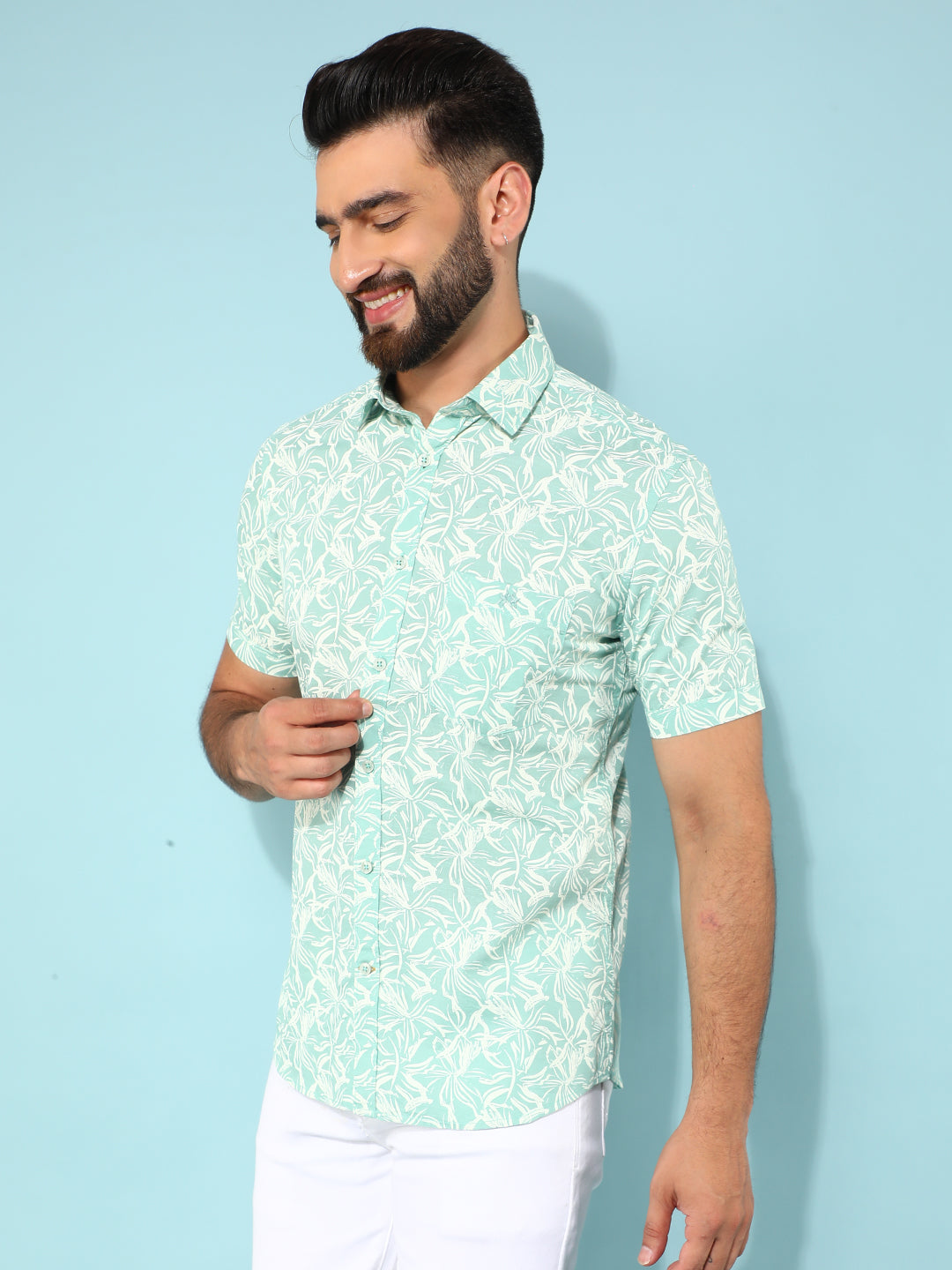 Green 100% Cotton Floral Print Shirt-Men Shirts-Crimsoune Club