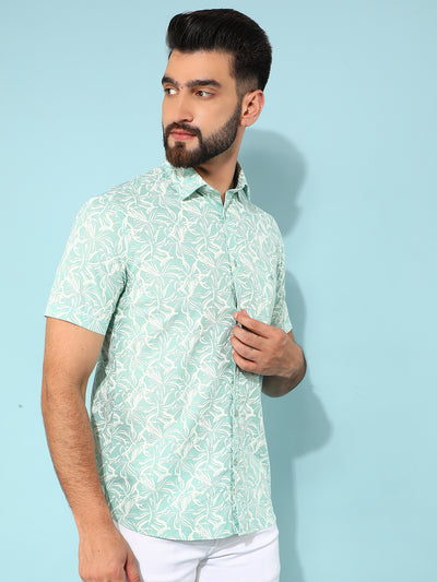 Green 100% Cotton Floral Print Shirt-Men Shirts-Crimsoune Club